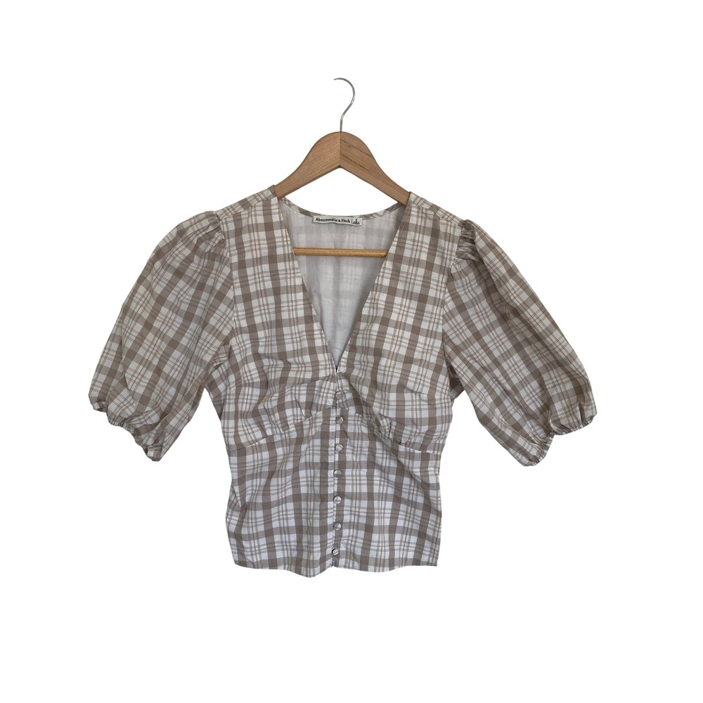 Abercrombie & Fitch Tan Plaid Puff Sleeve Button Front Smocked Back Top Small